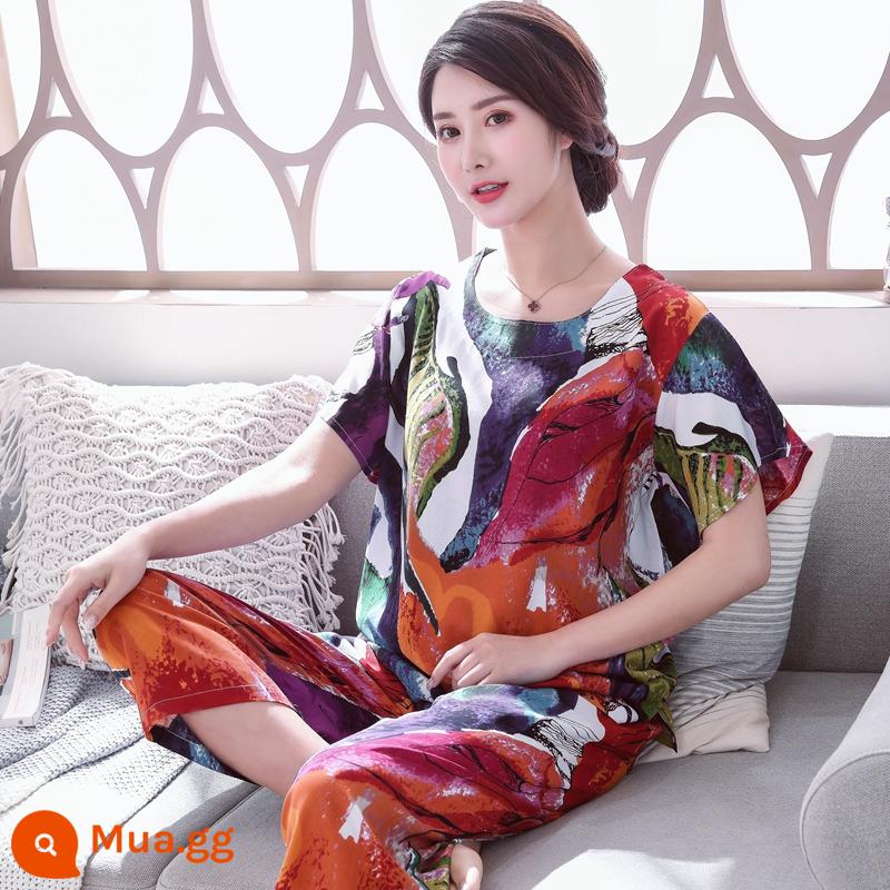 Bộ đồ ngủ bằng cotton cho người trung niên và người cao tuổi Bộ quần áo ngắn tay bằng cotton lụa mùa hè của phụ nữ cotton lụa cho mẹ quần áo mặc ở nhà cỡ lớn - Bộ lá màu nước xanh