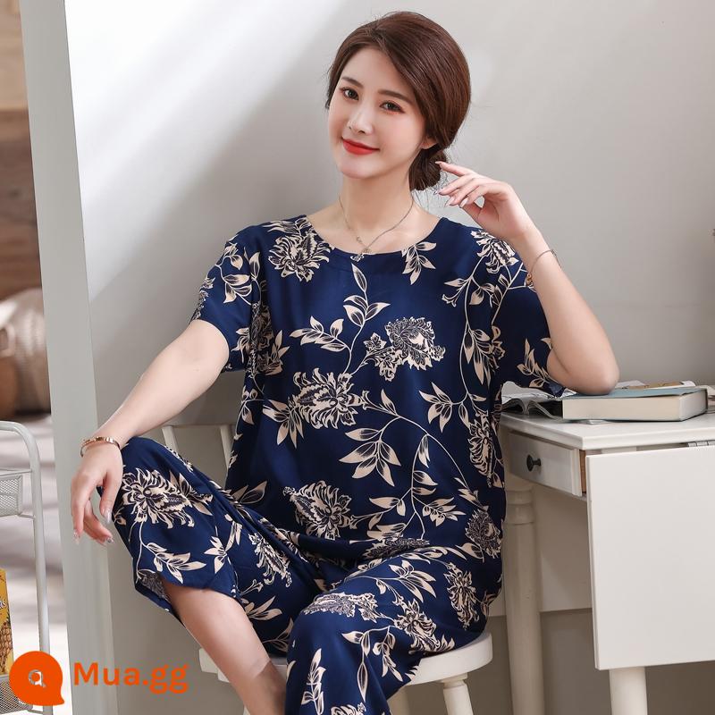 Bộ đồ ngủ bằng cotton cho người trung niên và người cao tuổi Bộ quần áo ngắn tay bằng cotton lụa mùa hè của phụ nữ cotton lụa cho mẹ quần áo mặc ở nhà cỡ lớn - Bộ lá xanh đậm