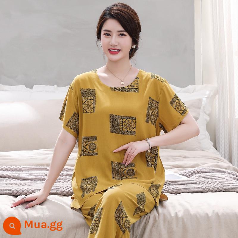 Bộ đồ ngủ bằng cotton cho người trung niên và người cao tuổi Bộ quần áo ngắn tay bằng cotton lụa mùa hè của phụ nữ cotton lụa cho mẹ quần áo mặc ở nhà cỡ lớn - Bộ đồ phong cách dân tộc màu vàng