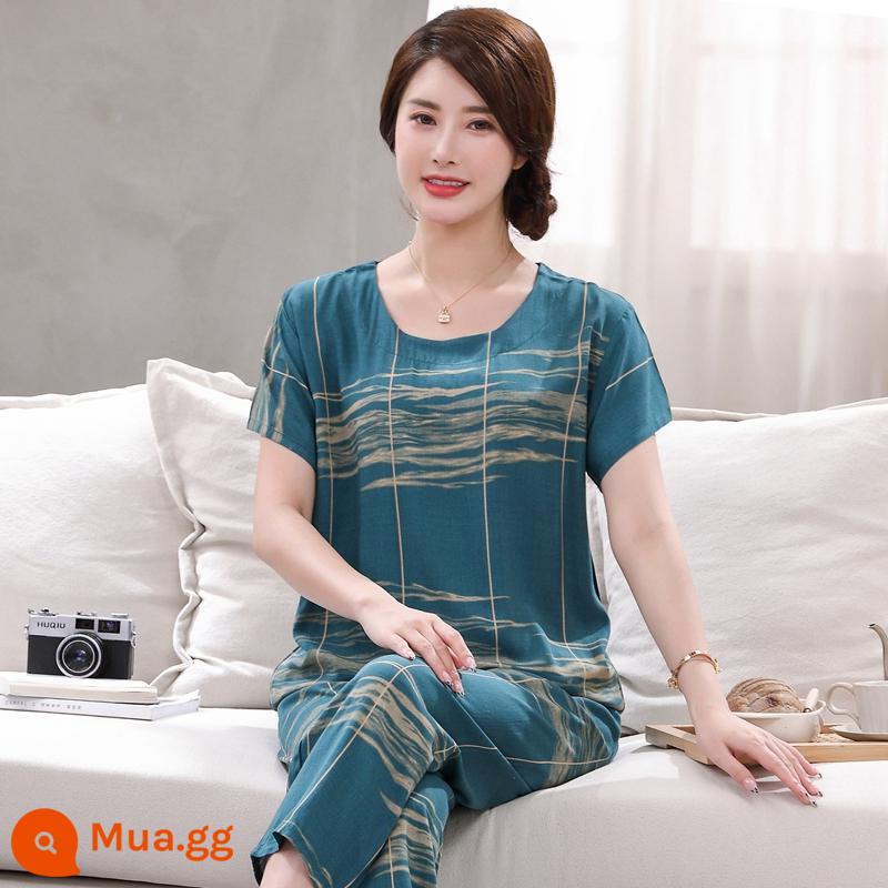 Bộ đồ ngủ bằng cotton cho người trung niên và người cao tuổi Bộ quần áo ngắn tay bằng cotton lụa mùa hè của phụ nữ cotton lụa cho mẹ quần áo mặc ở nhà cỡ lớn - Bộ đồ màu xanh sang trọng