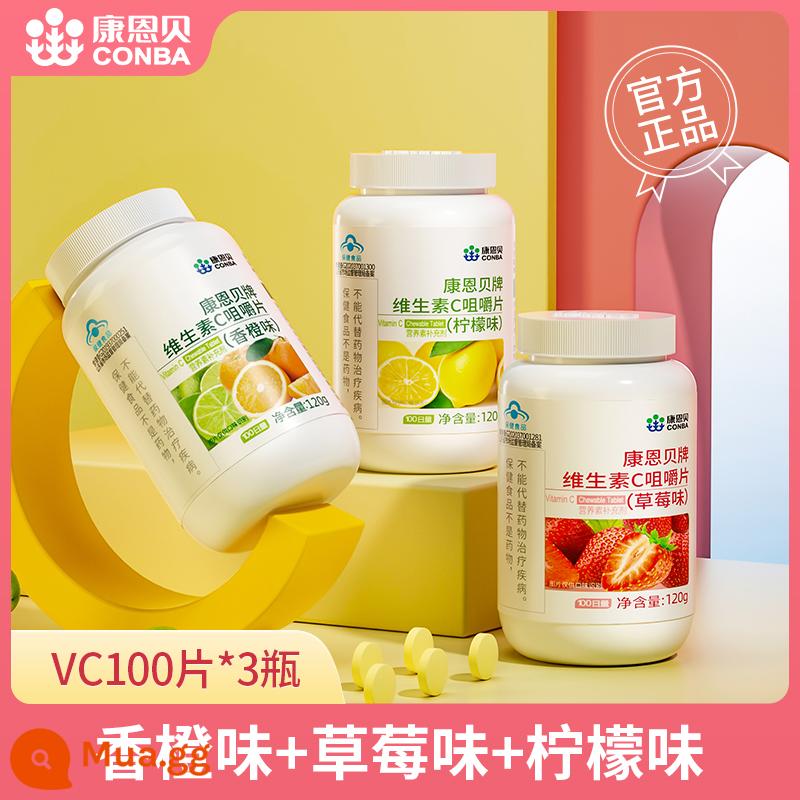 Viên nhai Conba Vitamin C VC100 viên bổ sung vitamin C cho người lớn chính hãng nhóm B VBVE dành cho nam và nữ - VC3 chai 300 viên (cam + dâu + chanh)