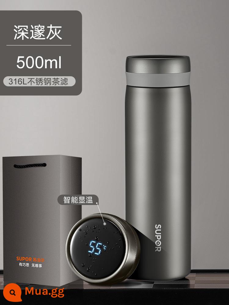 Supor Smart Innooritic Water Cup 316L Thép không gỉ Thép lớn Tea Tea Cup nam và nữ cao cấp của phụ nữ - Dark Grey 500ml [đi kèm lưới lọc trà và túi quà]