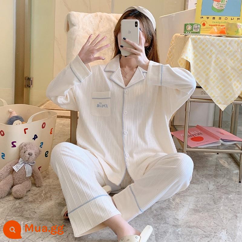 Bộ đồ ngủ nữ xuân thu cotton nguyên chất tay dài hoạt hình dễ thương đi chơi 2023 bộ đồ mặc nhà rộng mùa đông mới - Thư bỏ túi N3014BA màu trắng nhạt