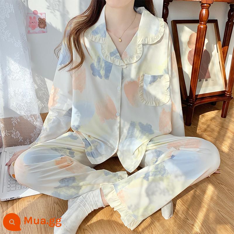 Bộ đồ ngủ nữ xuân thu cotton nguyên chất tay dài hoạt hình dễ thương đi chơi 2023 bộ đồ mặc nhà rộng mùa đông mới - 11209 vẽ nguệch ngoạc màu nước