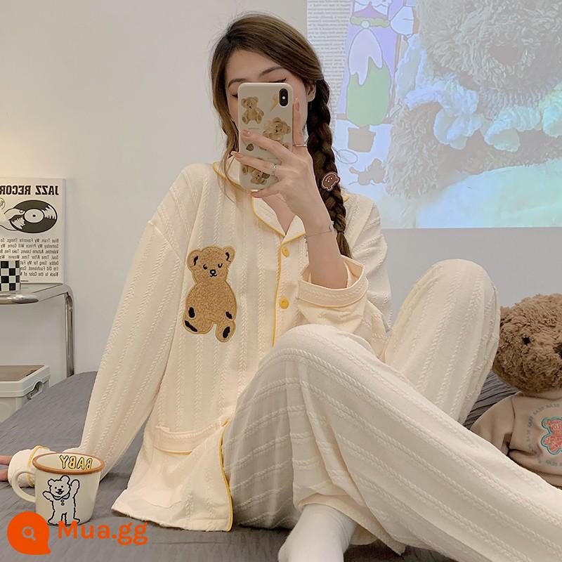 Bộ đồ ngủ nữ cotton nhỏ tươi mới 2022 xuân thu đông dài tay jacquard phong cách công chúa bộ đồ phục vụ tại nhà - 27734 Gấu nhỏ