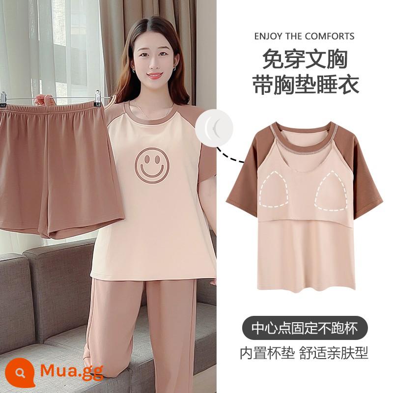 Bộ đồ ngủ ba mảnh có đệm ngực mùa hè nữ cotton nguyên chất mới đơn giản cao cấp cảm giác cỡ lớn ngắn tay phần mỏng dịch vụ tại nhà - 25416 Bộ ba món Smiley kèm miếng lót ngực