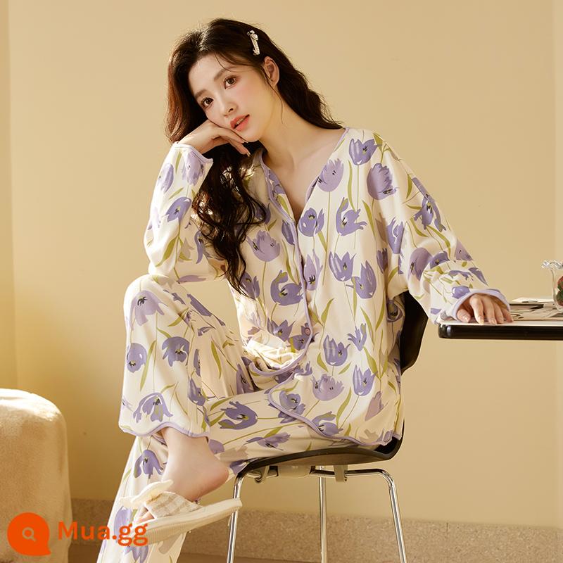 Bộ đồ ngủ nữ xuân thu cotton nguyên chất tay dài hoạt hình dễ thương đi chơi 2023 bộ đồ mặc nhà rộng mùa đông mới - 72253 hoa tím hoa mai