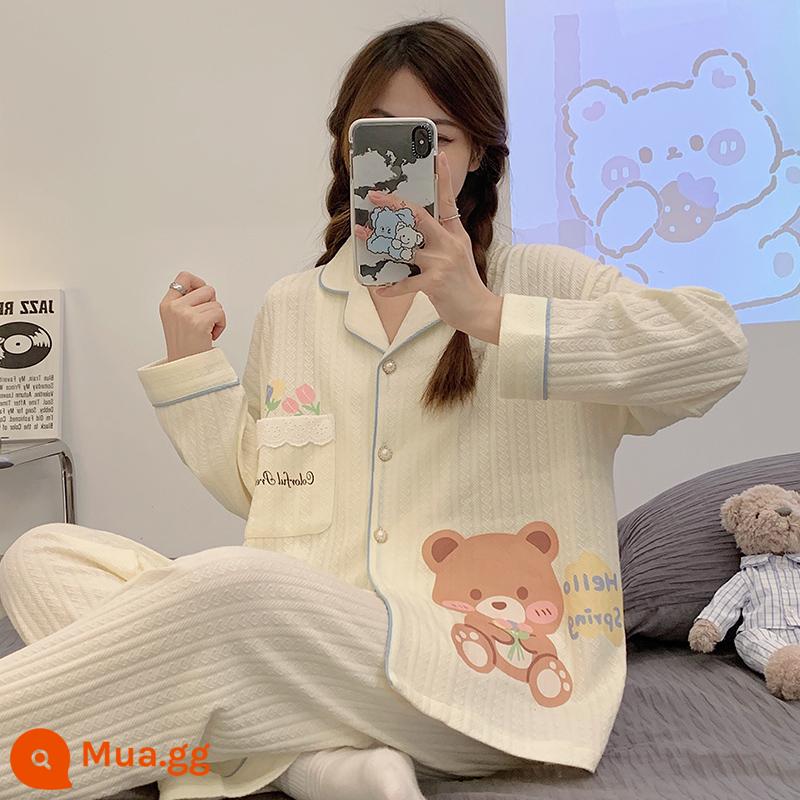 Bộ đồ ngủ nữ cotton nhỏ tươi mới 2022 xuân thu đông dài tay jacquard phong cách công chúa bộ đồ phục vụ tại nhà - 3501 Gấu hoa nhỏ