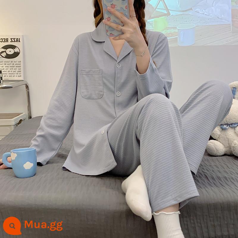 Bộ đồ ngủ cotton thường ngày cho nữ xuân thu đông 2022 bộ quần áo mặc ở nhà dài tay đơn giản mới bộ đồ hai mảnh - Áo cardigan đơn giản 1301LA màu xanh