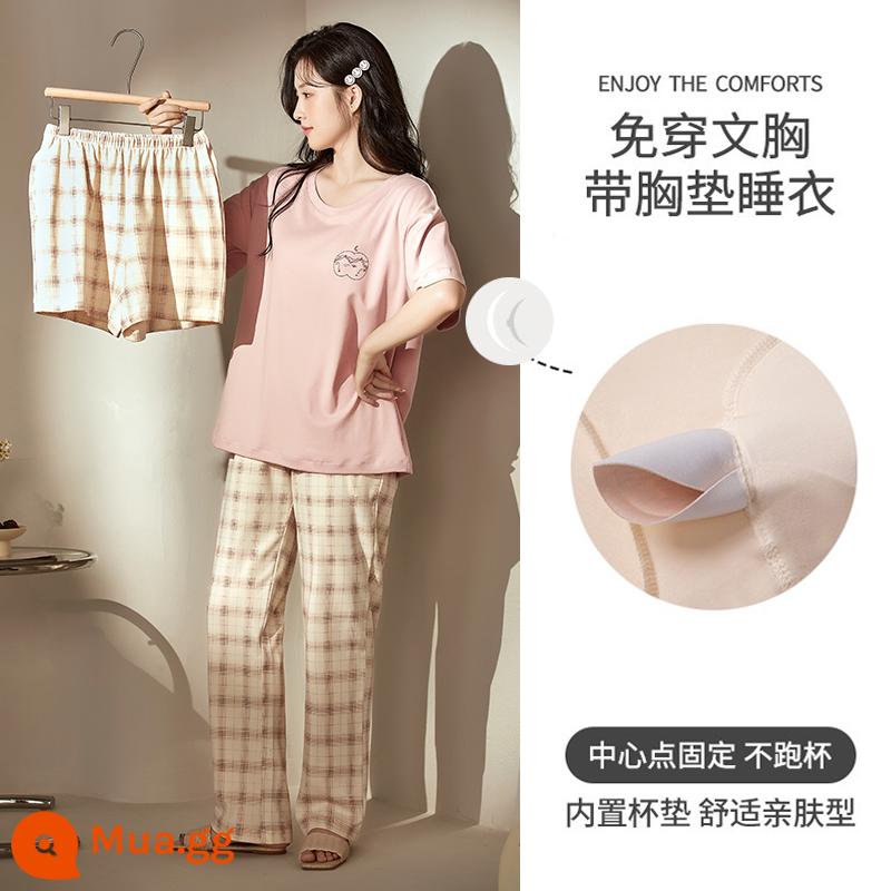 Bộ đồ ngủ ba mảnh có đệm ngực mùa hè nữ cotton nguyên chất mới đơn giản cao cấp cảm giác cỡ lớn ngắn tay phần mỏng dịch vụ tại nhà - Bộ ba mặt 6960 có đệm ngực