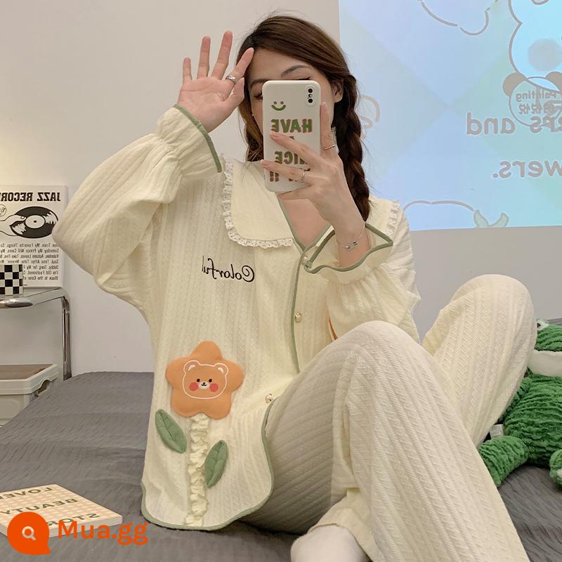 Bộ Đồ Ngủ Xuân Thu Đông Cho Nữ, Chất Cotton Nguyên Chất Dài Tay, 2023 Mới Hoạt Hình Dễ Thương Rời Nữ Mặc Ở Nhà Bộ Quần Áo - 3508 Hoa Gấu