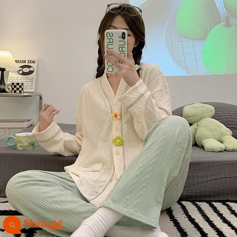 Bộ đồ ngủ nữ cotton nhỏ tươi mới 2022 xuân thu đông dài tay jacquard phong cách công chúa bộ đồ phục vụ tại nhà - 91003 Hoa Jacquard.