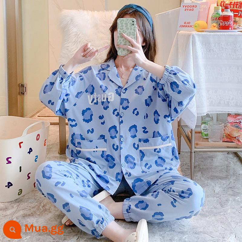 2023 Bộ đồ ngủ bằng cotton nguyên chất mới của phụ nữ mùa xuân, mùa thu và mùa đông cao cấp dài tay áo khoác ngoài đơn giản giản dị ở nhà phù hợp với - Peacock Blue 42156 Chữ báo màu xanh