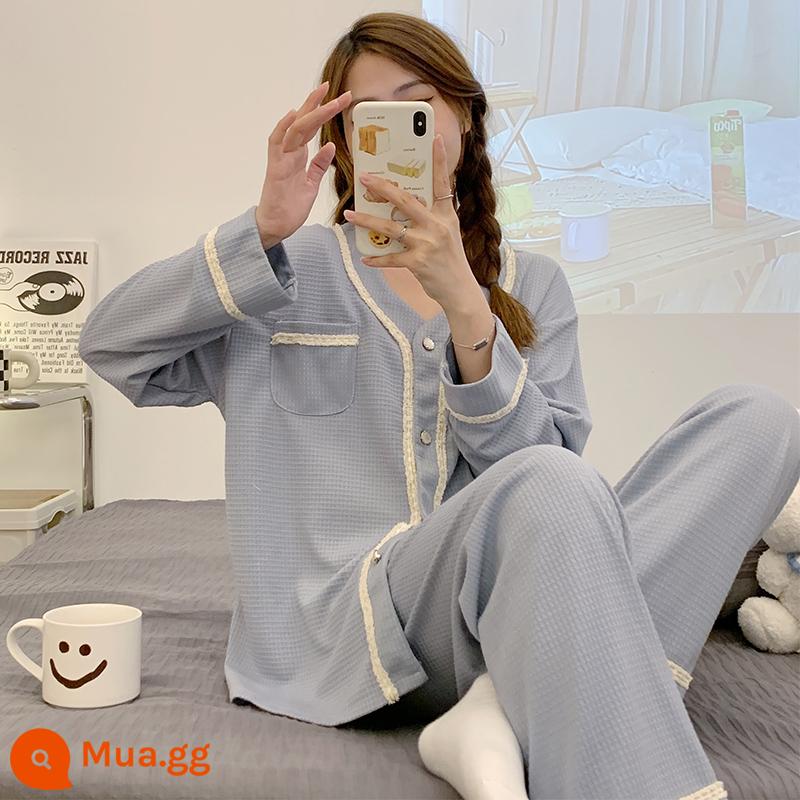 Mùa xuân và mùa thu 2023 bộ đồ ngủ mới cho nữ mùa đông dài tay cotton nguyên chất ngọt ngào và đáng yêu áo khoác ngoài mùa xuân và mùa hè phù hợp với dịch vụ gia đình - Túi ren 2201 màu xanh