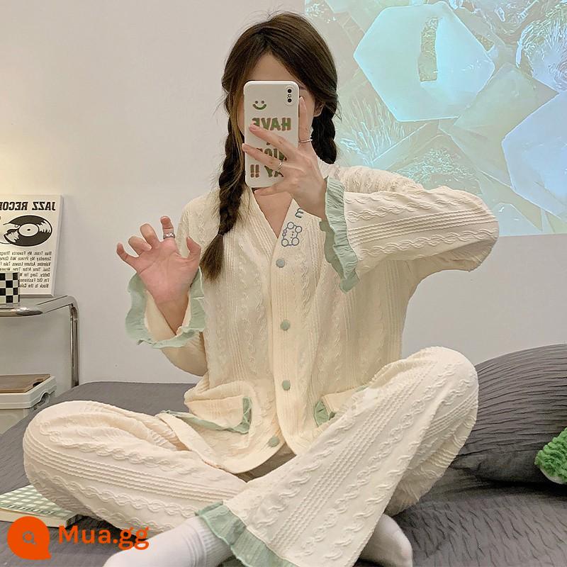 Bộ đồ ngủ nữ cotton nhỏ tươi mới 2022 xuân thu đông dài tay jacquard phong cách công chúa bộ đồ phục vụ tại nhà - 91005 Gấu Jacquard.