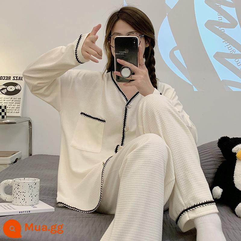 Bộ đồ ngủ nữ cotton nhỏ tươi mới 2022 xuân thu đông dài tay jacquard phong cách công chúa bộ đồ phục vụ tại nhà - Áo cardigan màu mơ 91004XI