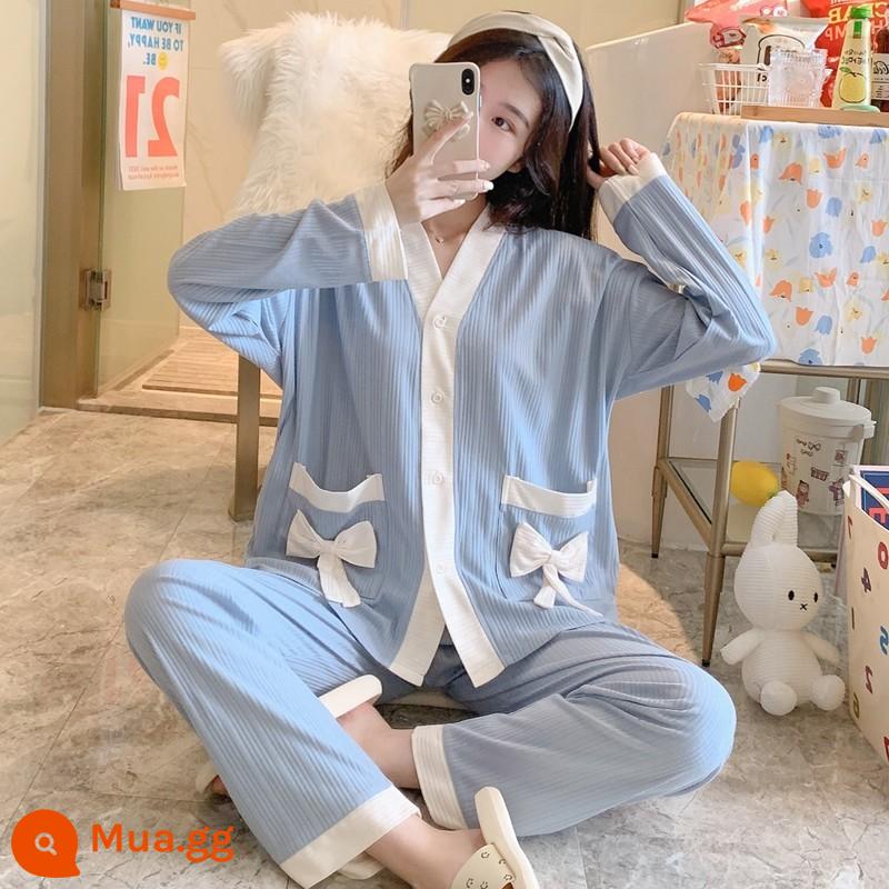 Bộ đồ ngủ nữ xuân thu đông dài tay cotton nguyên chất 2022 bộ đồ phục vụ gia đình học sinh ngọt ngào dễ thương mới có thể mặc ra ngoài - Bướm bỏ túi màu xanh dương 585LA