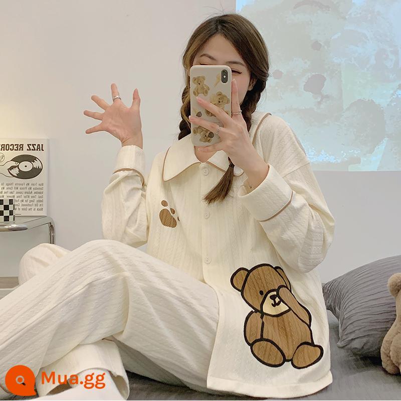 Bộ đồ ngủ cotton thường ngày cho nữ xuân thu đông 2022 bộ quần áo mặc ở nhà dài tay đơn giản mới bộ đồ hai mảnh - 3511 Phim Hoạt Hình Gấu Hee