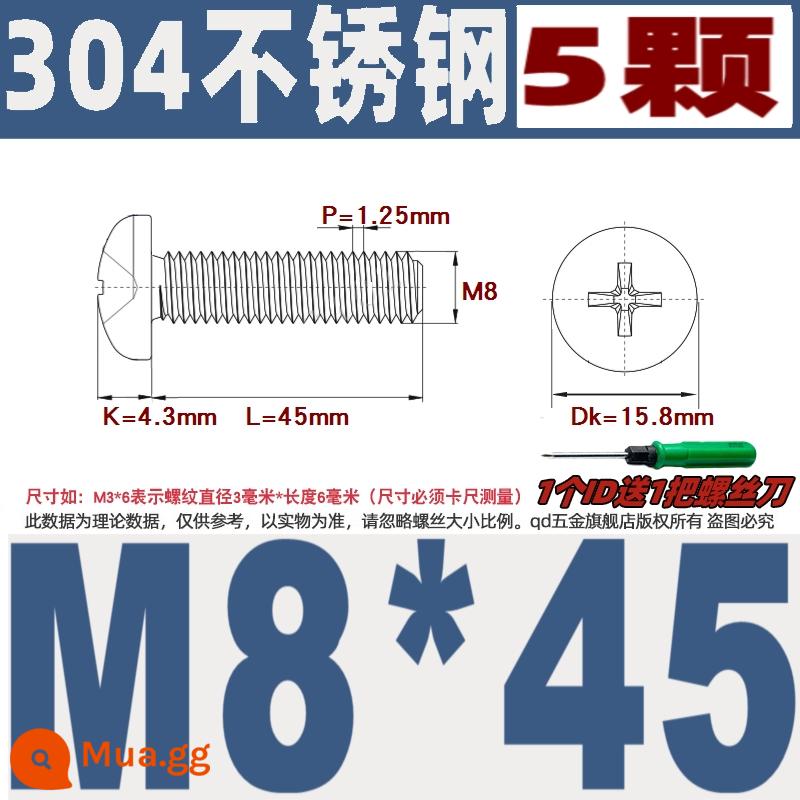 M1M2M3M4M5M6M8M10 304 thép không gỉ đầu tròn vít chéo chảo đầu bu lông đai ốc phẳng máy giặt - M8*45/5 chiếc