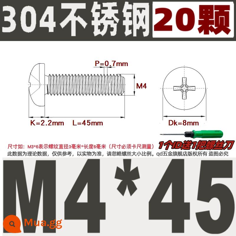 M1M2M3M4M5M6M8M10 304 thép không gỉ đầu tròn vít chéo chảo đầu bu lông đai ốc phẳng máy giặt - M4*45/20 miếng