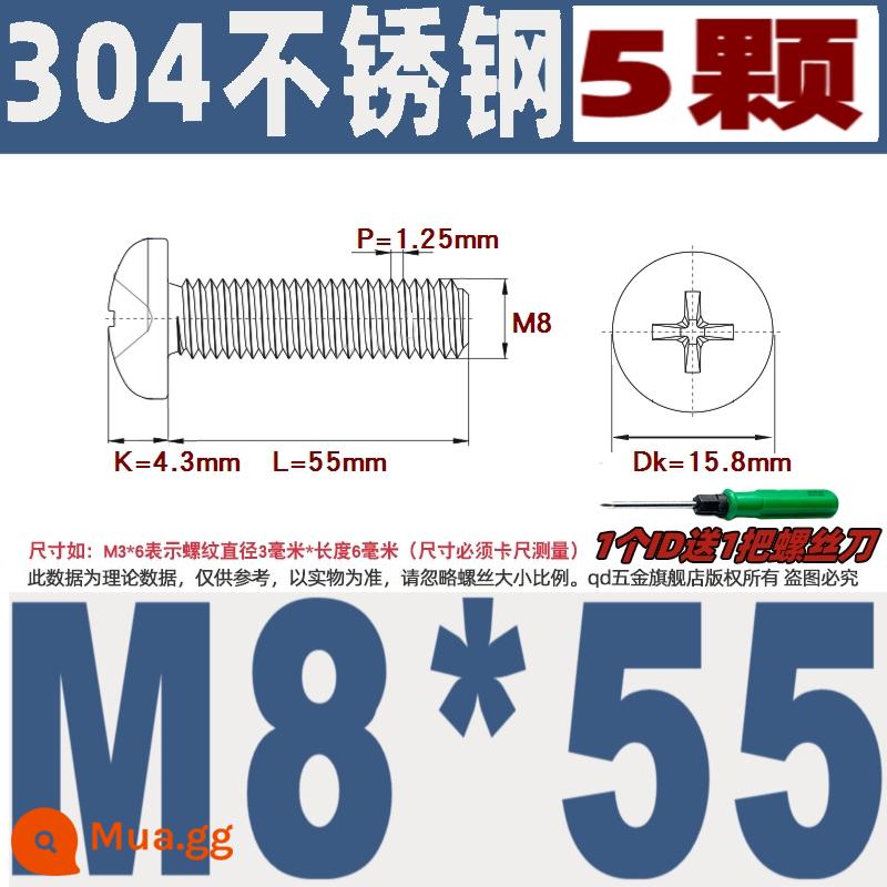 M1M2M3M4M5M6M8M10 304 thép không gỉ đầu tròn vít chéo chảo đầu bu lông đai ốc phẳng máy giặt - M8*55/5 cái