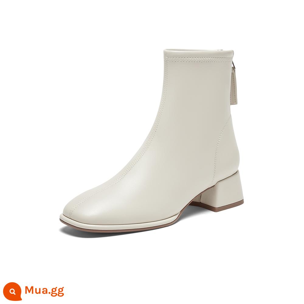 Hình Ảnh Đẹp Nhất 23 Mới Mùa Đông Trắng Pháp Mắt Cá Chân Giày Slim Boots Plus Nhung Dày Cao Gót Giày Boot Cổ Ngắn Nữ MD502DD3 - Màu trắng nhạt-4CM phong cách cổ điển thông thường