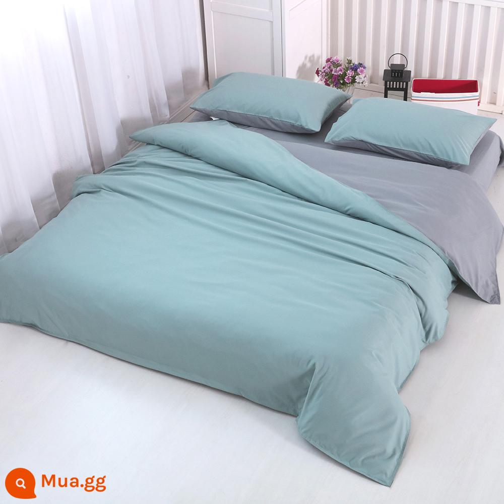 Bộ chăn ga gối bốn mảnh bằng vải cotton nguyên chất màu trơn đơn giản, vỏ chăn, ga vừa vặn, bộ đồ giường ba mảnh bằng vải cotton dành cho ký túc xá sinh viên - Hồ xanh + xám