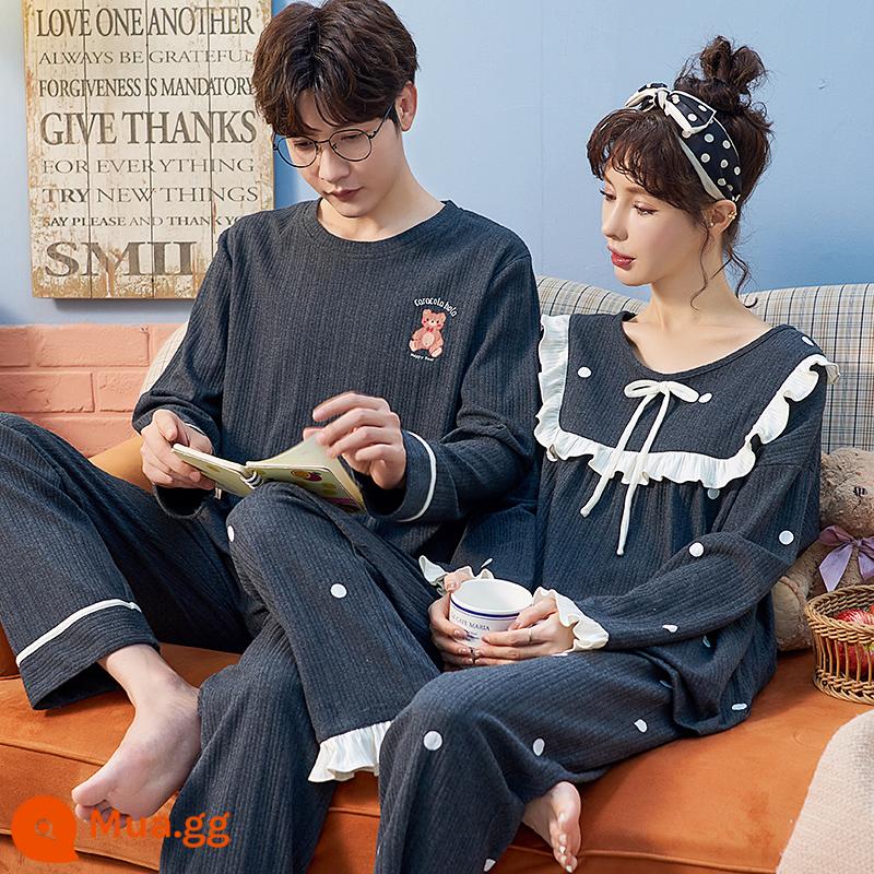 Bộ đồ ngủ cặp đôi Nanjiren Mùa xuân và mùa thu cotton nguyên chất dài tay cho nam và nữ Bộ đồ mùa thu và mùa đông Sunny Homewear - ZX: 2583 nữ 1583 nam màu xám chấm bi gấu áo thun dài tay và quần dài