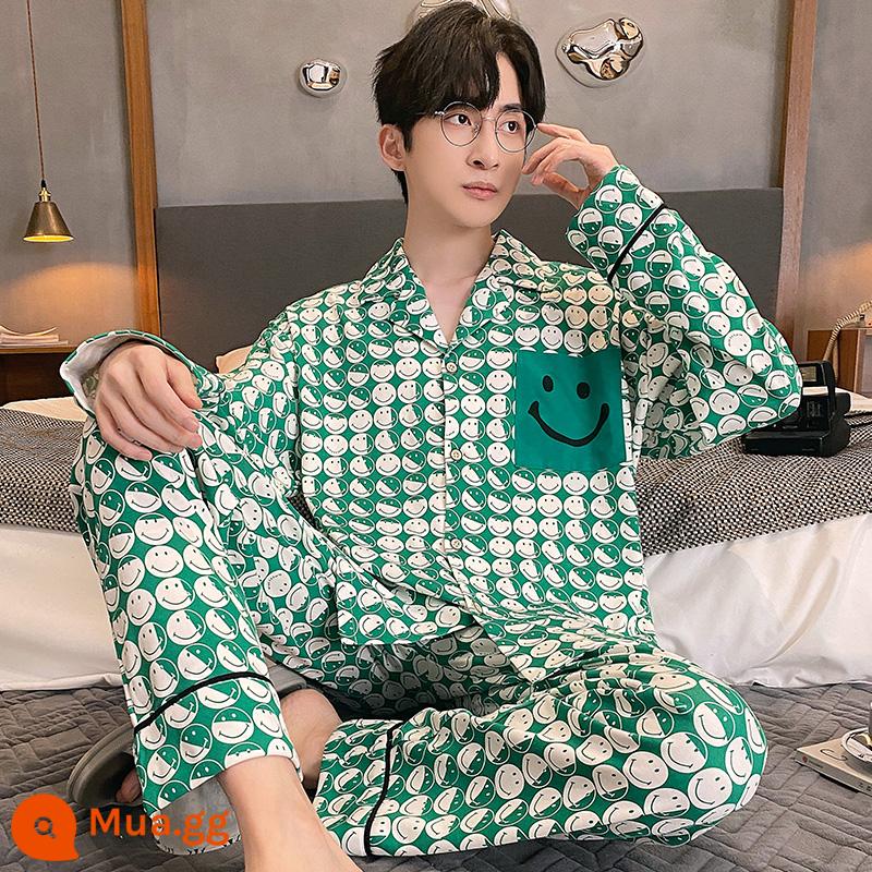 Đàn ông Pyjamas Mùa xuân nam và mùa thu tinh khiết cotton cotton trẻ mùa đông Nội thất gia đình Tide Hương vị mát mẻ Mùa thu 2022 MỚI - LX:34356 Áo khoác cardigan cotton hình mặt cười màu trắng và xanh lá cây Quần dài tay