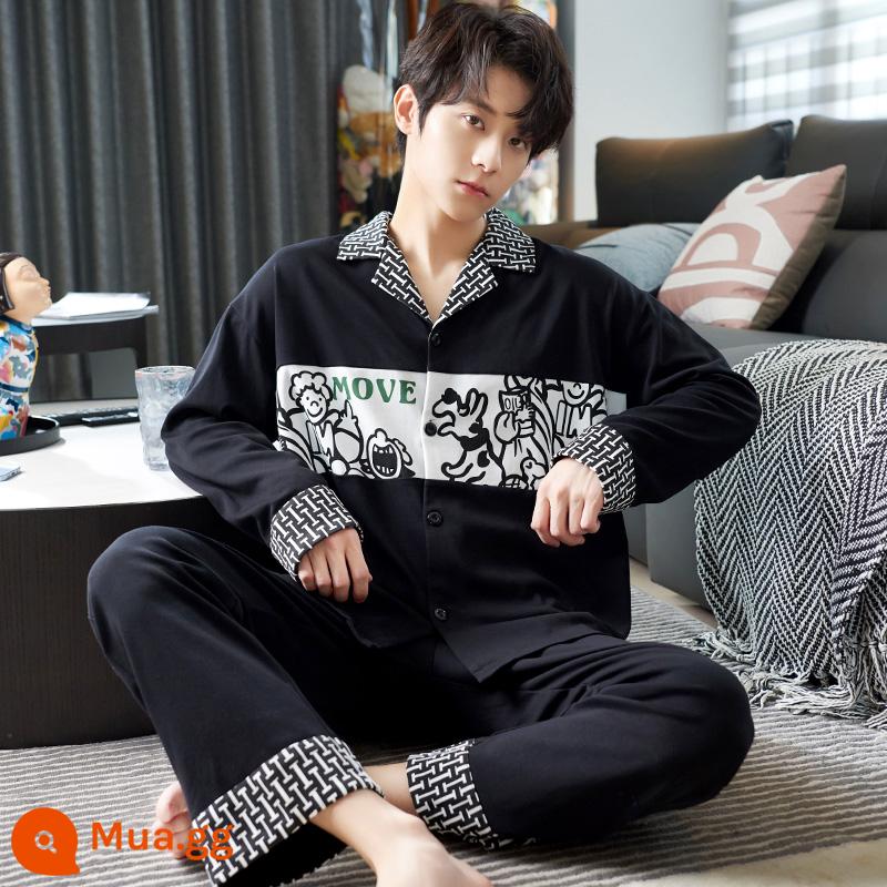 Đàn ông Pyjamas Mùa xuân nam và mùa thu tinh khiết cotton cotton trẻ mùa đông Nội thất gia đình Tide Hương vị mát mẻ Mùa thu 2022 MỚI - LX:34368 Nam Đen Ngực Hoạt Hình Nguyên Chất Cotton Cardigan Áo Tay Dài Quần