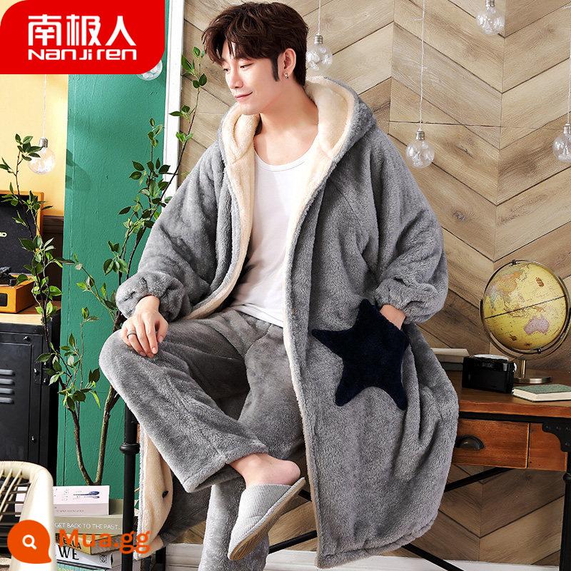 Váy ngủ cặp đôi mùa đông lông cừu san hô nam nữ flannel dày cộng nhung phục vụ tại nhà Bộ đồ ngủ cặp đôi mùa thu đông - Nam Cực YE:Y9904 Bộ đồ ngủ Flannel bỏ túi hình ngôi sao màu xám cho nam