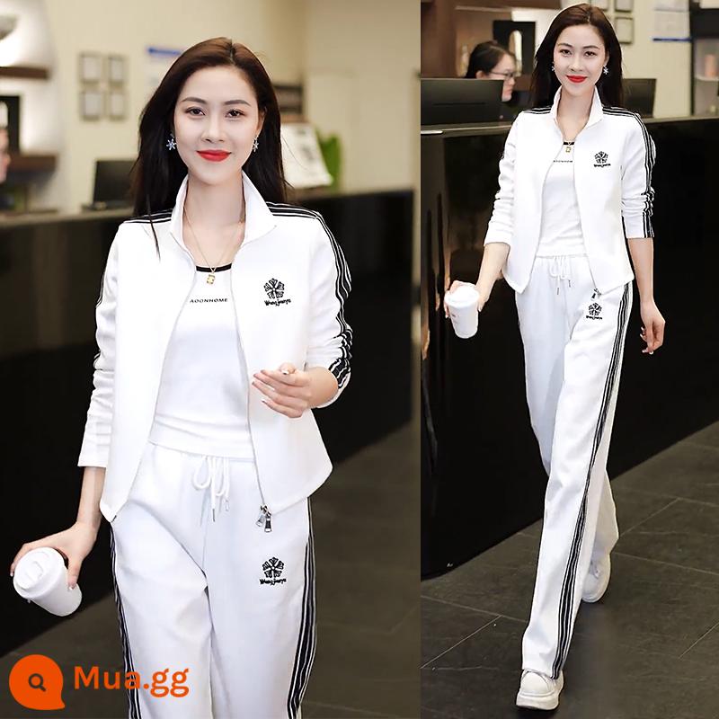 Bộ đồ thể thao thông thường nữ xuân thu 2023 phong cách mới thời trang năm nay cardigan nước ngoài quần ống rộng bộ đồ hai mảnh - Trắng [bộ hai món]