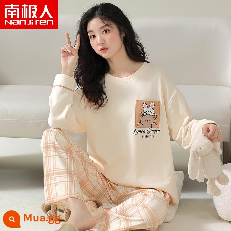 Bộ đồ ngủ mùa xuân và mùa thu Nanjiren của phụ nữ cotton nguyên chất dài tay phần mỏng lưới gió đỏ phục vụ tại nhà 2023 bộ đồ thu đông mới - A-23611