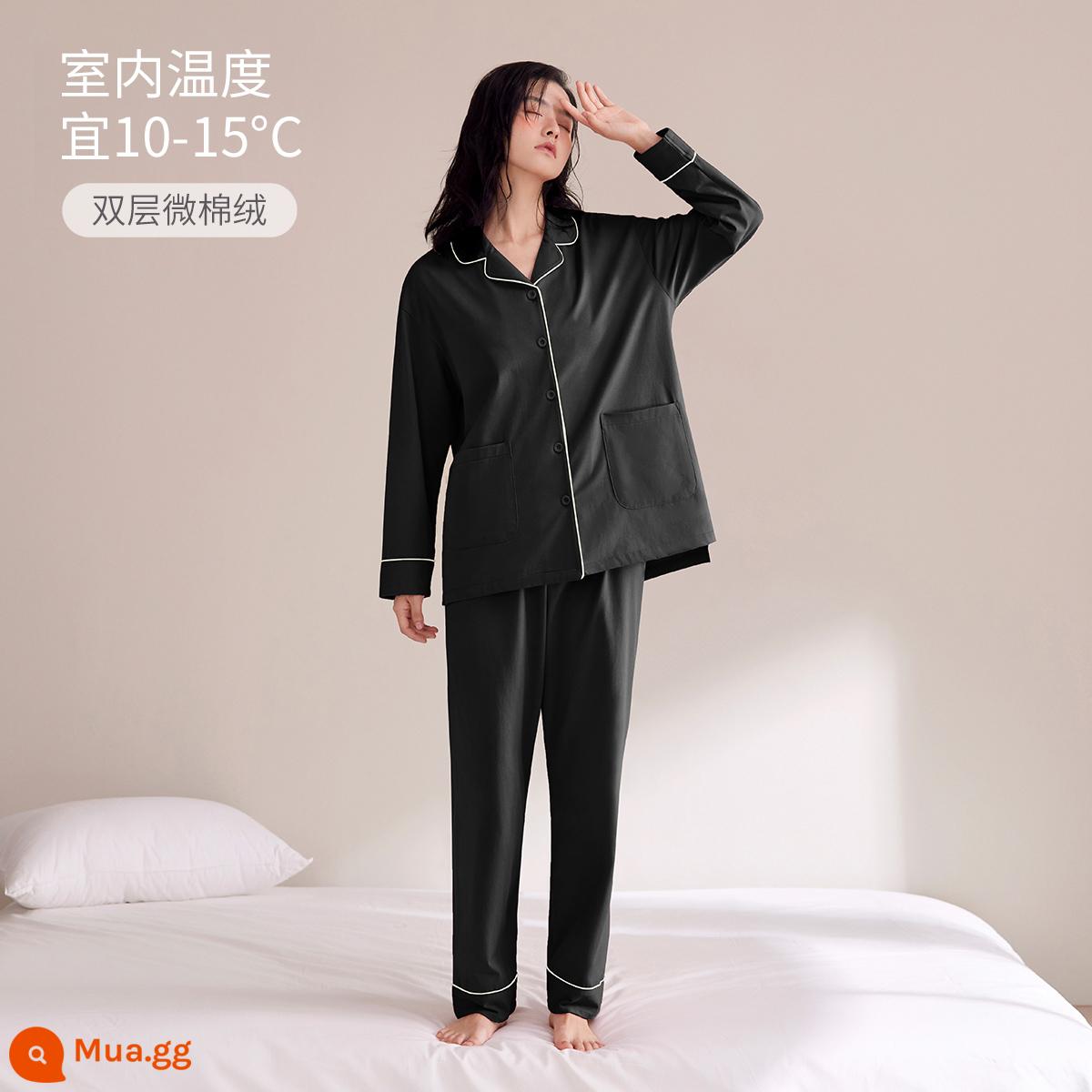 Jingyun [Siêu Mềm] Bộ Đồ Ngủ Nữ Mùa Xuân Và Mùa Thu Cotton Nguyên Chất Cặp Đôi Ngủ Dịch Vụ Tại Nhà Bộ Đồ Nam Dài Tay Thu Đông Dày Dặn - [Mẫu dày] Mẫu nữ - Đen