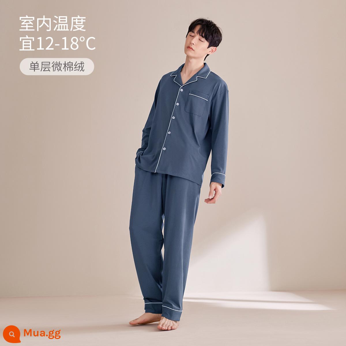 Jingyun [Siêu mềm] Bộ đồ ngủ mùa xuân và mùa thu cho nam bằng cotton nguyên chất Bộ đồ ngủ mùa đông dài tay Bộ đồ mặc nhà bốn mùa - [Phong cách dày vừa phải] Xám mèo xanh