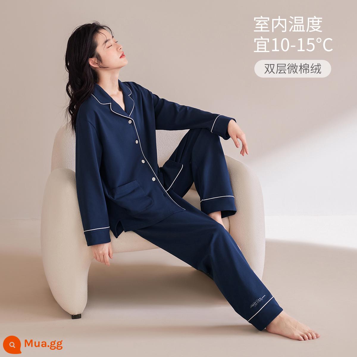 Jingyun [Siêu Mềm] Bộ Đồ Ngủ Nữ Mùa Xuân Và Mùa Thu Cotton Nguyên Chất Cặp Đôi Ngủ Dịch Vụ Tại Nhà Bộ Đồ Nam Dài Tay Thu Đông Dày Dặn - [Mẫu dày] Mẫu nữ-Xanh dương yên tĩnh