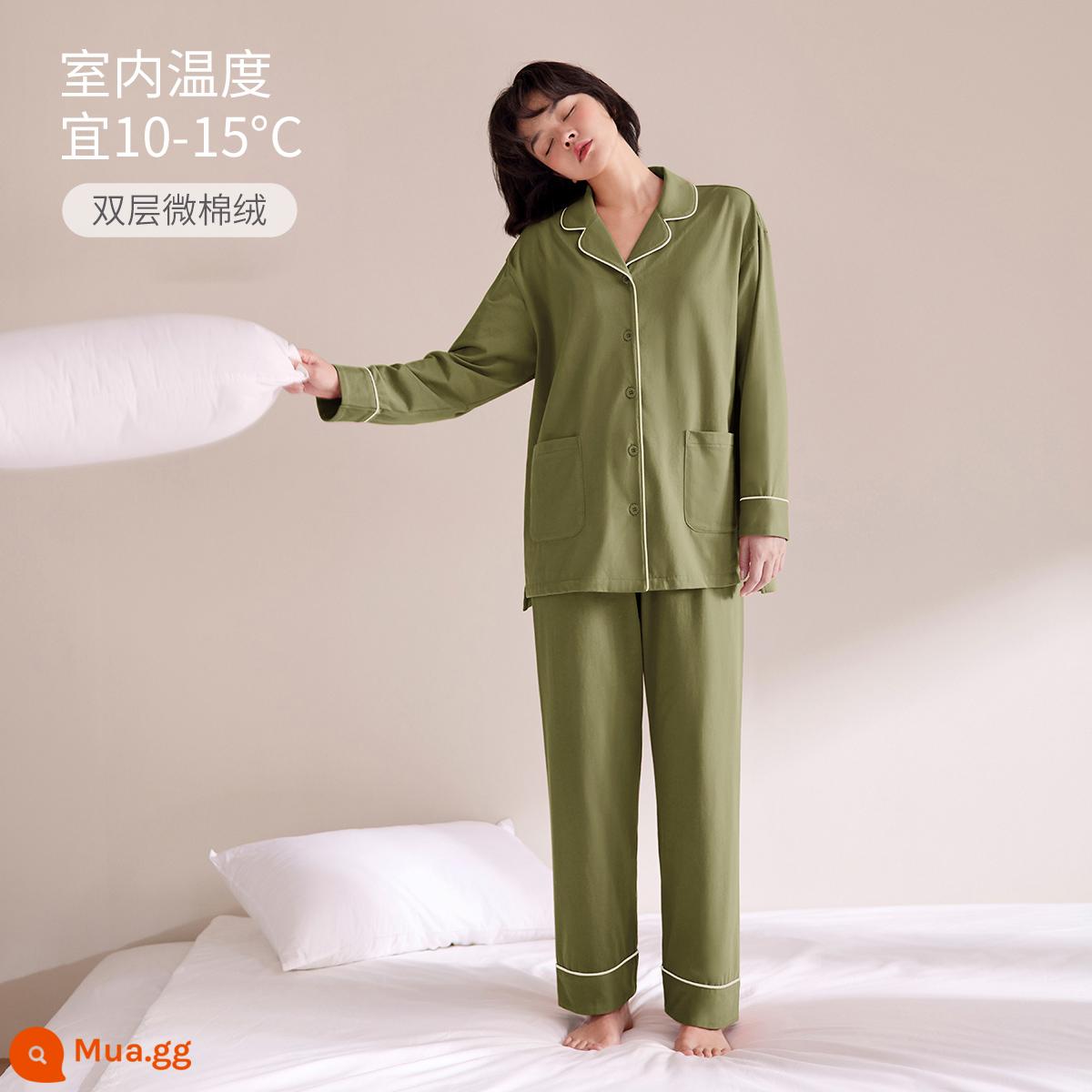 Jingyun [Siêu Mềm] Bộ Đồ Ngủ Nữ Mùa Xuân Và Mùa Thu Cotton Nguyên Chất Cặp Đôi Ngủ Dịch Vụ Tại Nhà Bộ Đồ Nam Dài Tay Thu Đông Dày Dặn - [Mẫu dày] Mẫu nữ-Xanh lá sen