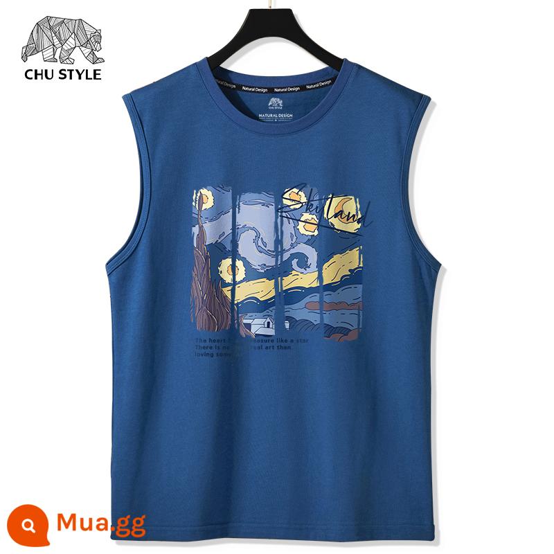 Vest nam áo ghi lê thể thao nam vai rộng cắt tay mùa hè cotton nguyên chất mỏng phần béo size lớn áo thun không tay thủy triều - Màu xanh (bức tranh bầu trời đầy sao)