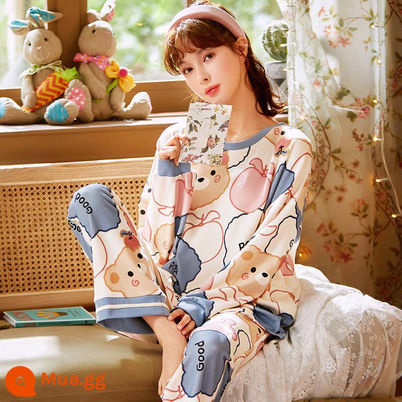 Bộ đồ ngủ cotton giả phương thức mùa xuân và mùa thu của phụ nữ mỏng phần lưới dài tay màu đỏ béo em gái cỡ lớn trang phục hai mảnh giản dị ở nhà - 784-7#Gấu Táo