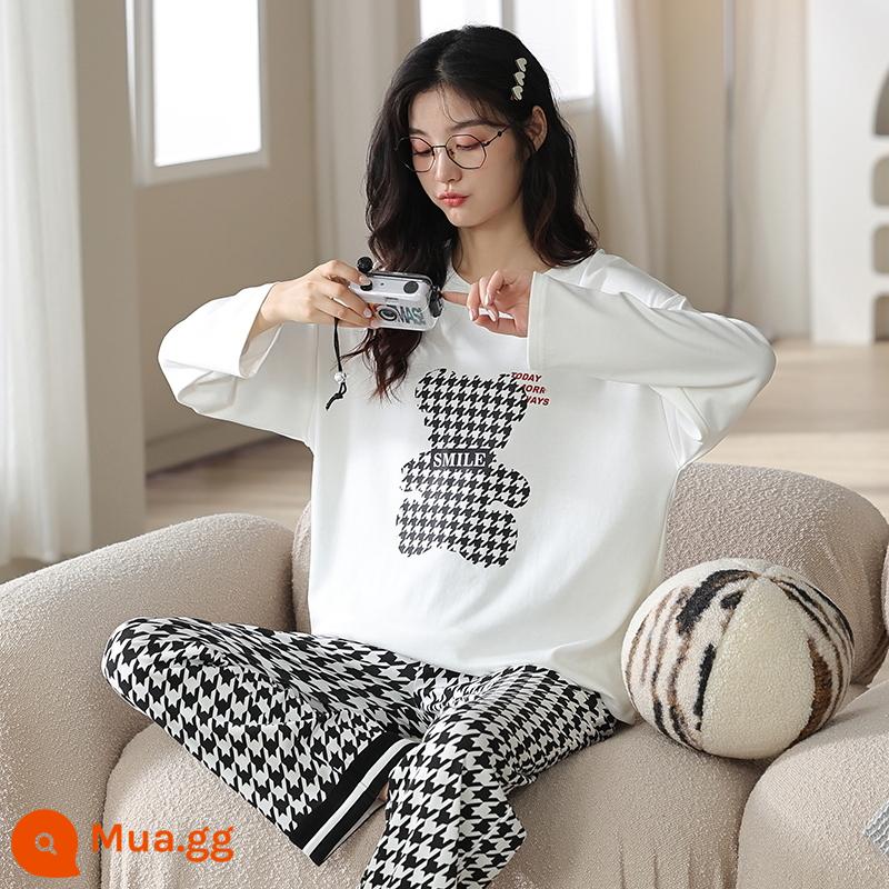 Bộ đồ ngủ bằng cotton nguyên chất cho nữ mùa xuân thu đông dài tay phong cách Hàn Quốc cho chị béo size lớn có thể mặc ngoài nhà cho học sinh Bộ đồ thể thao thông thường - 1976