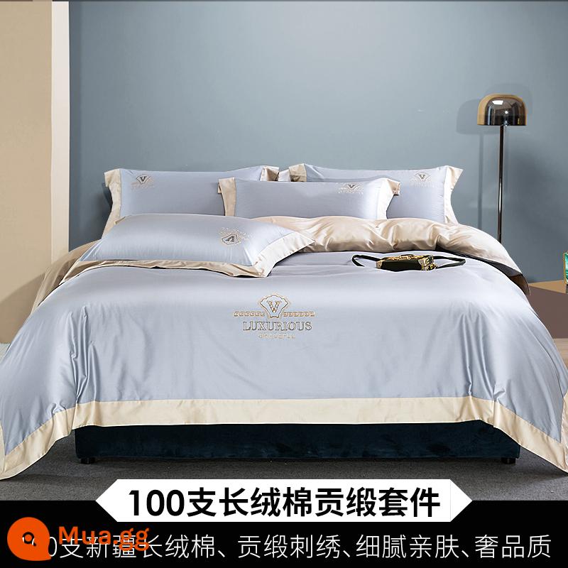 100-count Tân Cương ghim dài cotton quilt cover bộ đồ giường ánh sáng sang trọng ga trải giường được trang bị ga trải giường cotton nguyên chất bộ bốn mảnh 4 - Màu xanh đậm + rượu sâm banh