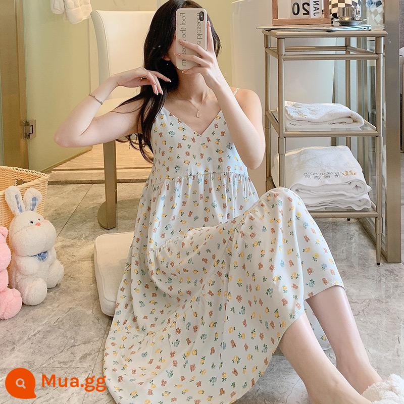 Váy ngủ mùa hè treo phụ nữ cotton lụa bộ đồ ngủ hoa nhỏ mùa hè nhân tạo thoáng mát cô gái bông lụa dễ thương dịch vụ tại nhà - Gấu M1702 màu xanh nhạt