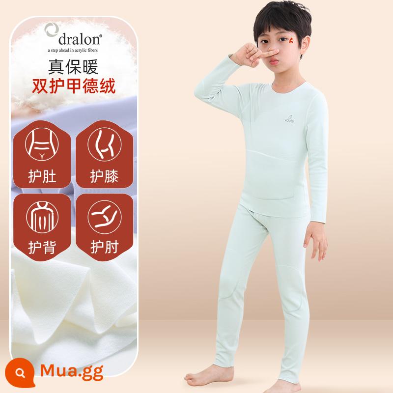 Quần áo bé trai mùa thu vệ sinh quần Bộ cotton nguyên chất de nhung sưởi ấm quần áo trẻ em bé gái Bộ quần áo thu đông cotton Plus bộ đồ ngủ nhung - [Nhung Đức nhập khẩu + giáp đôi] Bình giữ nhiệt và giữ ấm - xanh nhạt (bé trai)