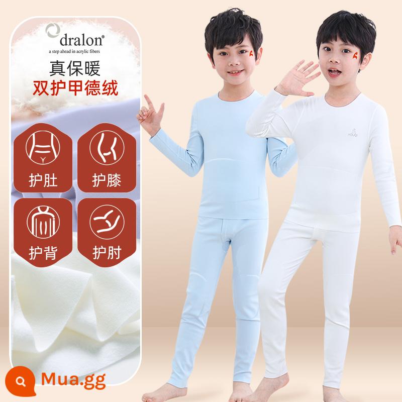 Quần áo bé trai mùa thu vệ sinh quần Bộ cotton nguyên chất de nhung sưởi ấm quần áo trẻ em bé gái Bộ quần áo thu đông cotton Plus bộ đồ ngủ nhung - 2 bộ [nhung Đức nhập khẩu + giáp đôi + giảm ngay 10] giữ nhiệt và giữ ấm - xanh + trắng (nam)