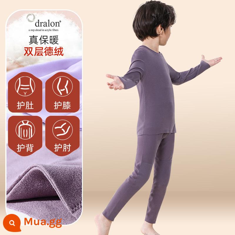 Quần áo bé trai mùa thu vệ sinh quần Bộ cotton nguyên chất de nhung sưởi ấm quần áo trẻ em bé gái Bộ quần áo thu đông cotton Plus bộ đồ ngủ nhung - [Nhung sưởi nhập khẩu + giáp đôi + dày hai lớp] Giữ nhiệt và giữ ấm - xám và đen (nam)