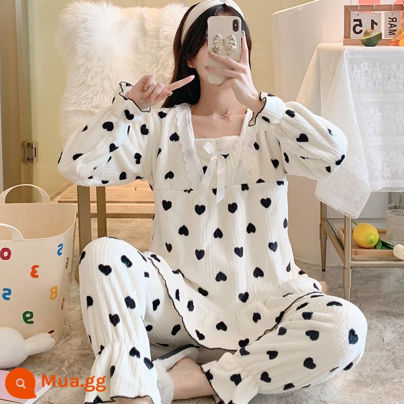 Nỉ san hô Bộ đồ ngủ nữ mùa thu đông dày ấm giản dị sinh viên dễ thương flannel dây kéo 2 dịch vụ tại nhà - Trái tim QSM-S832