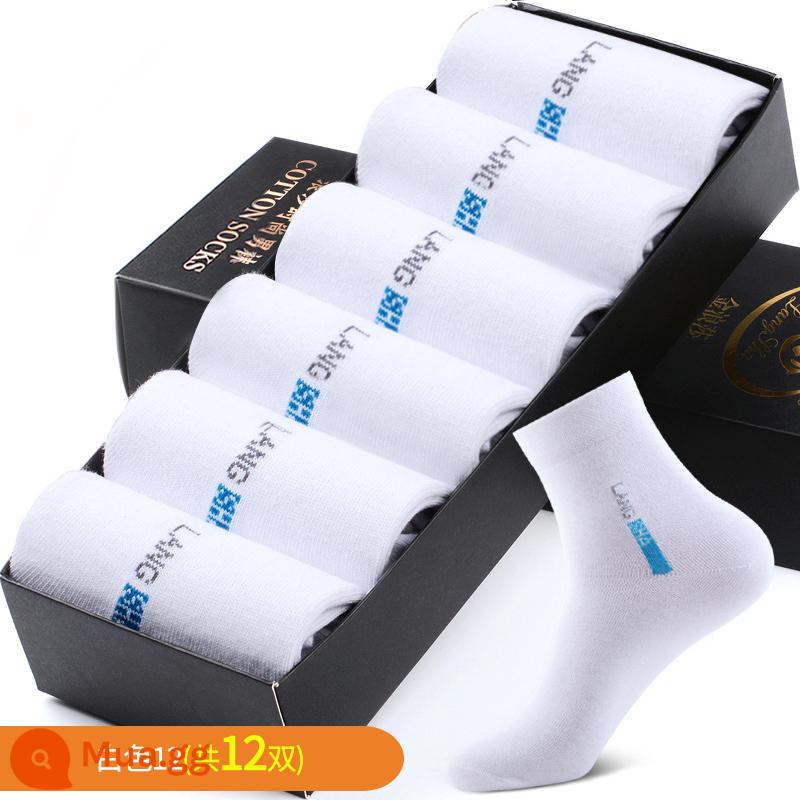 Tất Langsha nam ống giữa cotton nguyên chất thu đông khử mùi thấm hút mồ hôi vớ ống dài xuân thu cotton nam màu đen - C-Trắng 12 (tổng cộng 12 đôi)