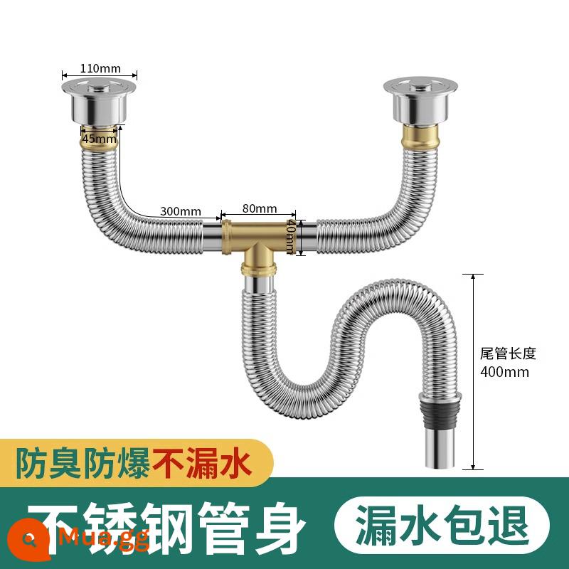 Bồn Rửa Chén Chậu Rửa Bát Bể Ống Cống Phụ Kiện Ống Thoát Khử Mùi Inox Đôi Bồn Rửa Chén Cống Bộ - Ống thoát nước bồn rửa đôi inox dày [40CM] + 2 ống thoát nước