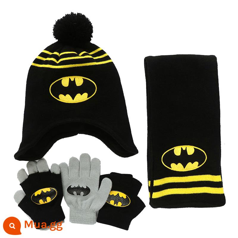 Trẻ em Captain America Hat Scarf Găng tay Boys Mùa thu và mùa đông Iron Man Ultraman Three -mẩu mũ kim - Mũ nhung Batman + khăn choàng lông nhung + đôi găng tay H3-BAT