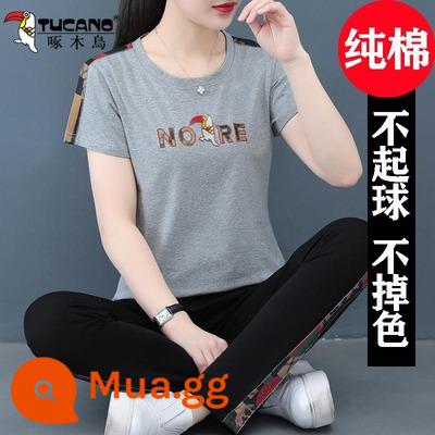 Bộ quần áo thể thao cotton chim gõ kiến mùa hè 2022 quần áo mùa hè mới quần áo nữ ngắn tay mùa hè 2023 thường ngày - 5205 màu xám